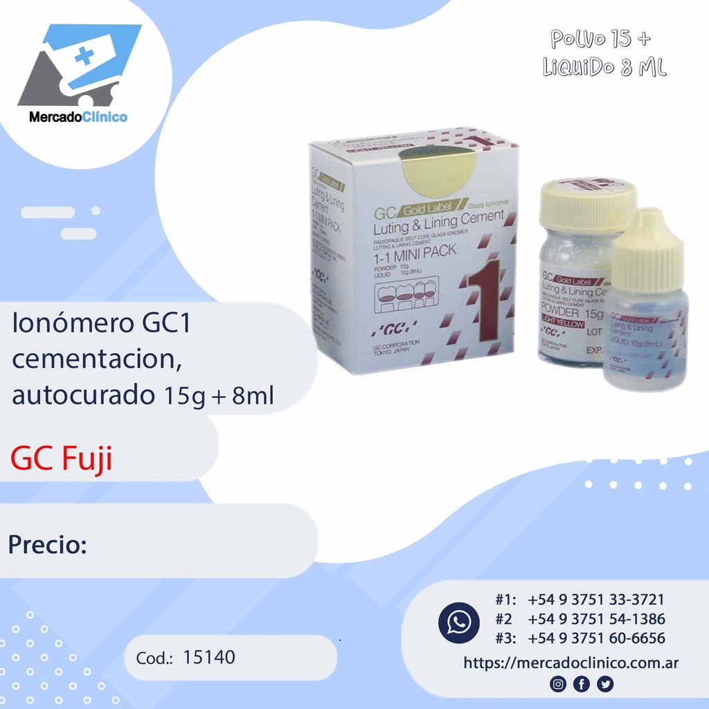 FUJI  1 Ionómero GC1 GOLD LABEL LIGHT YELLOW, cementación, autocurado, Avío: 15gr + 8ml - fuji 1 GC FUJI  1