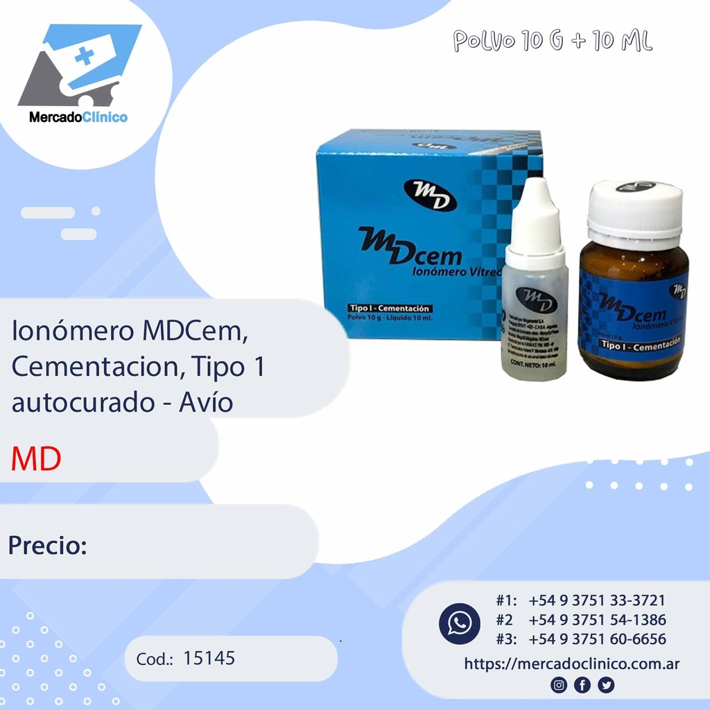 Ionómero MDCem,  Cementacion, Tipo 1 autocurado - Avío - MD