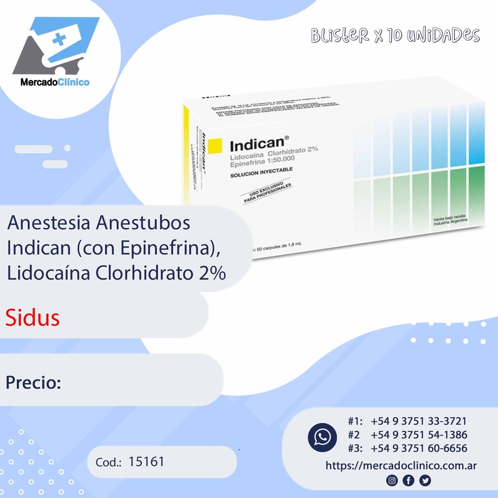 Anestesia Anestubos Indican (con Epinefrina), por 10, Lidocaína Clorhidrato 2% - SIDUS