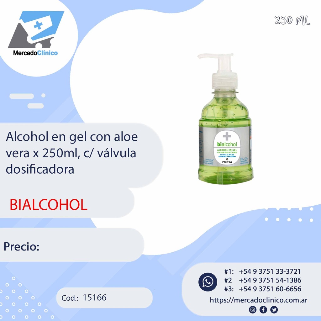 Alcohol en gel con aloe vera x 250ml, c/ válvula  dosificadora - BIALCOHOL