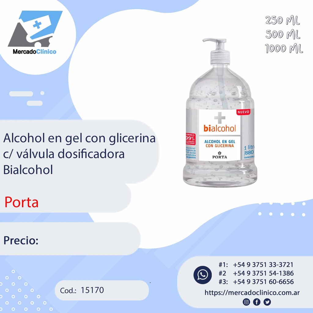 Alcohol en gel con glicerina c/ válvula dosificadora Bialcohol - PORTA
