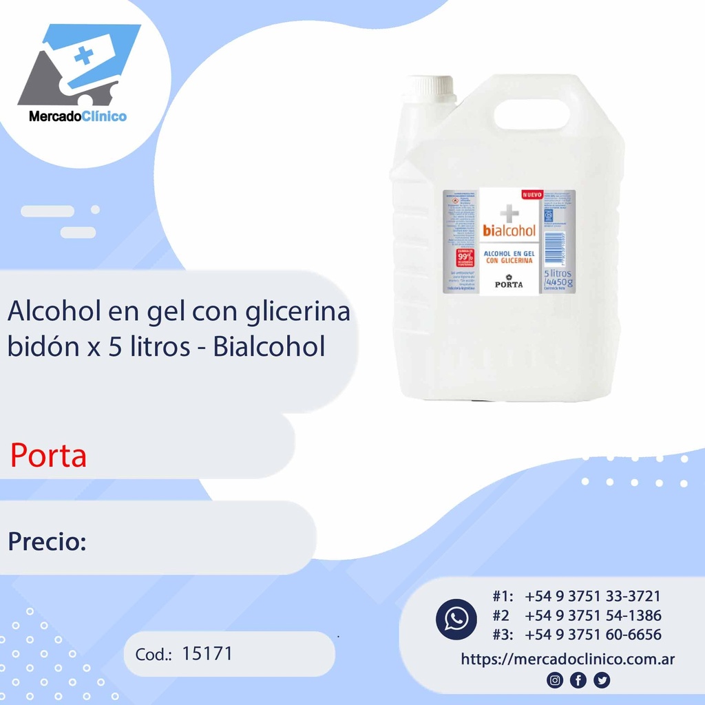 Alcohol en gel con glicerina bidón x 5 litros - Bialcohol - PORTA