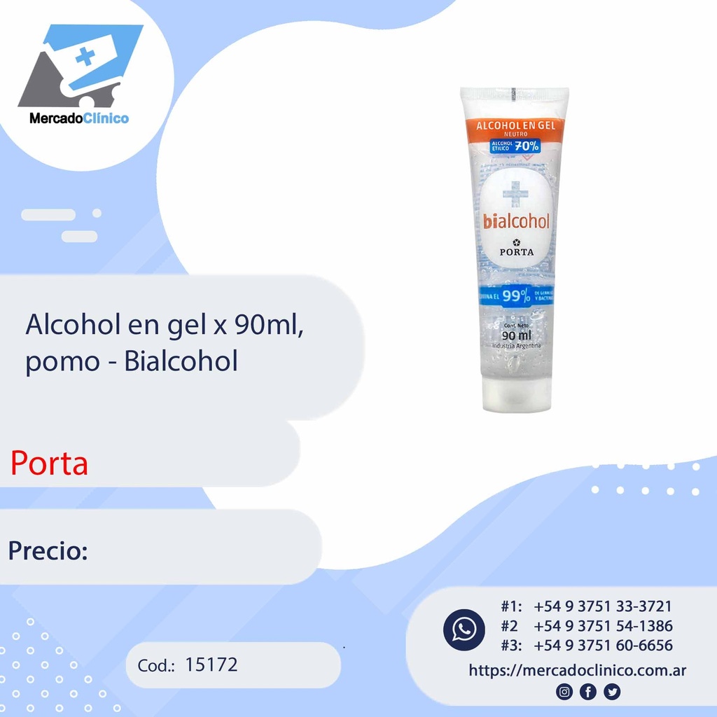Alcohol en gel x 90ml, pomo. BIALCOHOL - PORTA