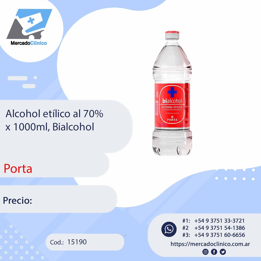 Alcohol etílico al 70%  x 1000ml, Bialcohol - PORTA