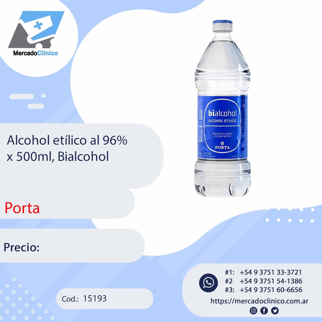 Alcohol etílico al 96%  x 500ml, Bialcohol - PORTA