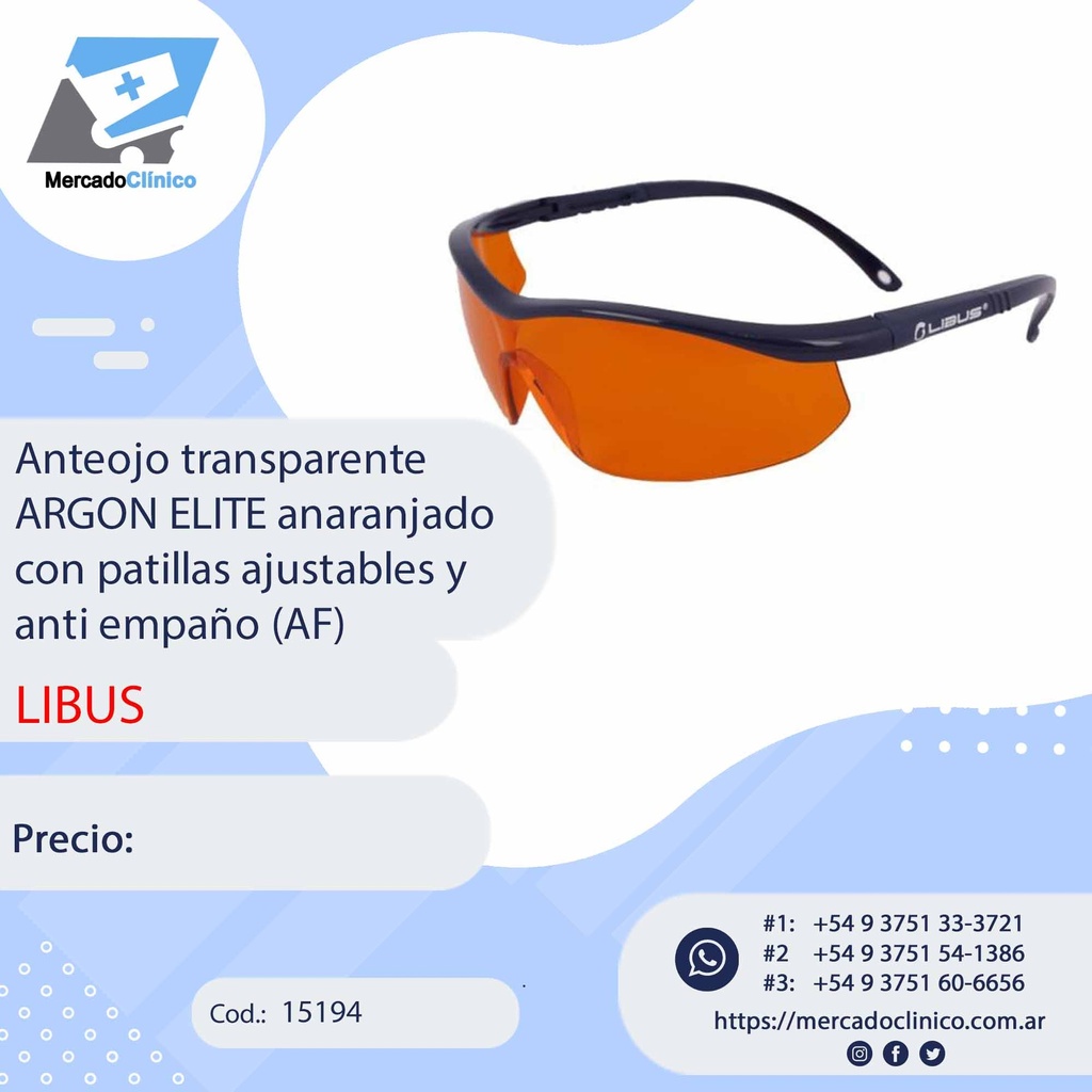 Anteojo transparente ARGON ELITE anaranjado con patillas ajustables y anti empaño (AF). LIBUS