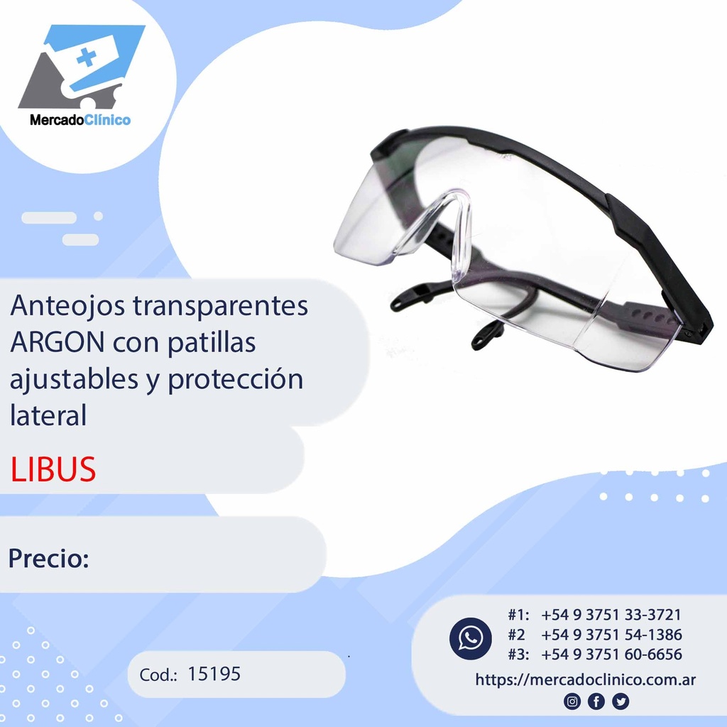 Anteojos transparentes  ARGON con patillas  ajustables y protección lateral - LIBU