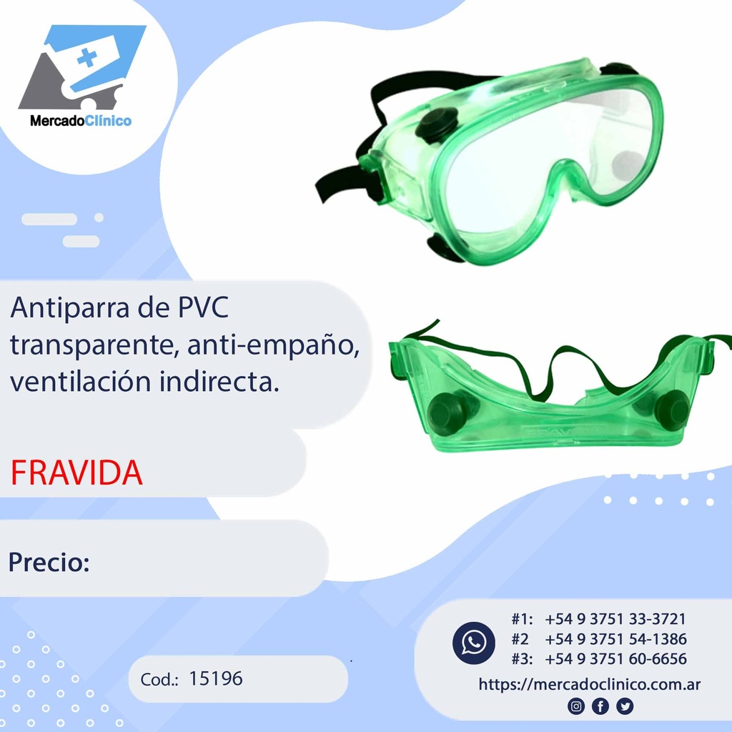 Antiparra de PVC transparente, anti-empaño, ventilación indirecta. FRAVIDA