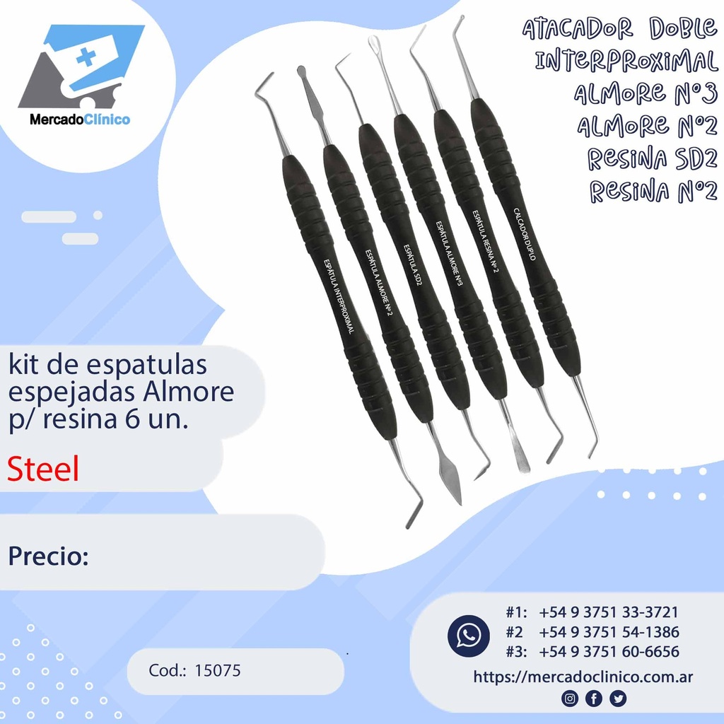 kit de espatulas espejadas Almore  p/ resina 6 un - Steel