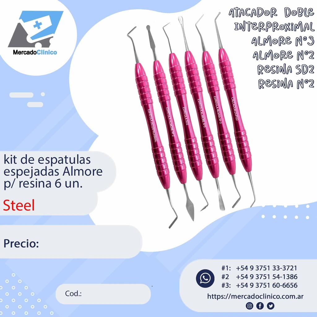 kit de espatulas espejadas Almore ROSADAS  p/ resina 6 un - Steel