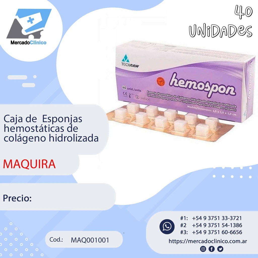 Caja de esponjas de colágeno hemostáticas HEMOSPON - x 40 Un - Technew 