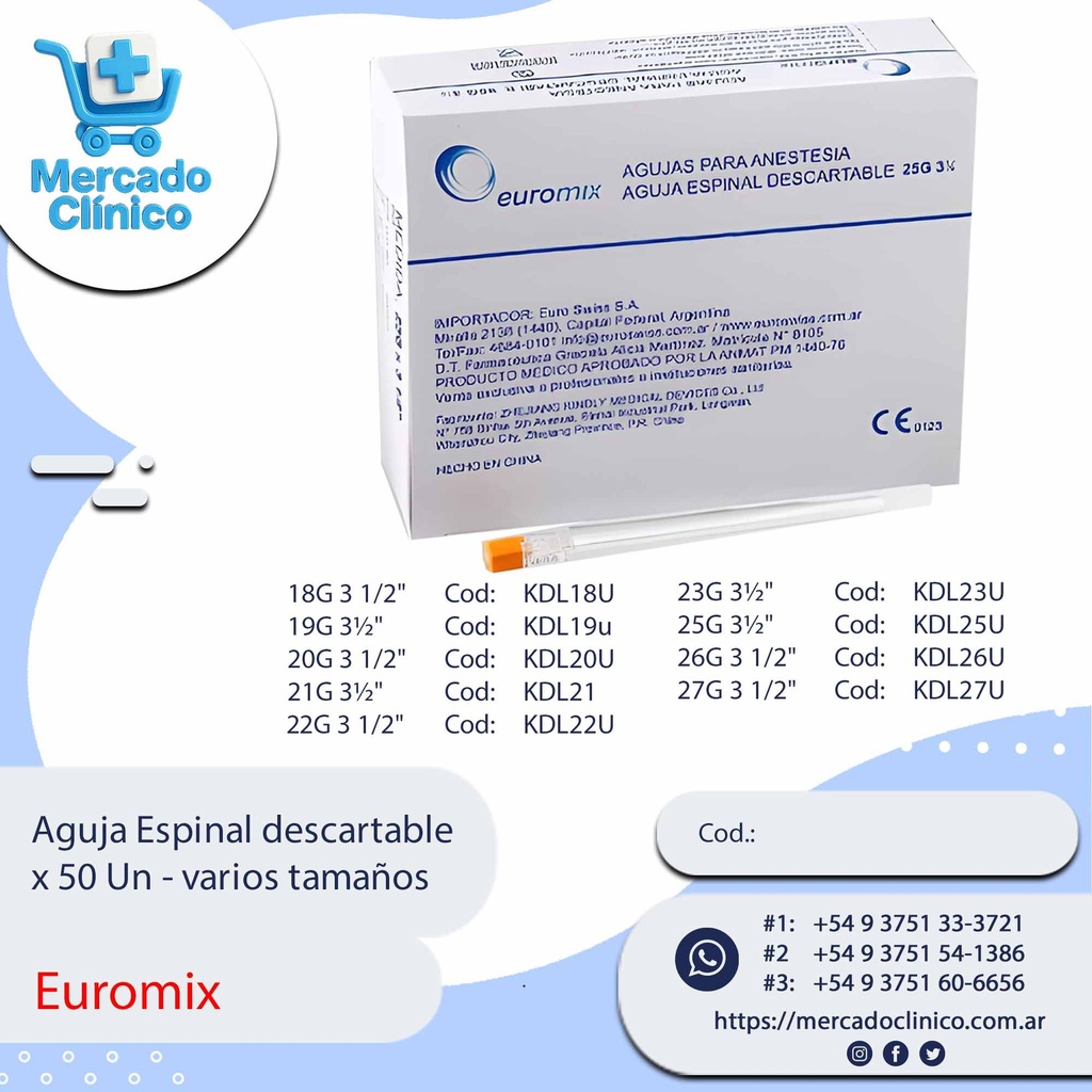 Aguja Espinal descartable x 50 Un - varios tamaños - Euromix
