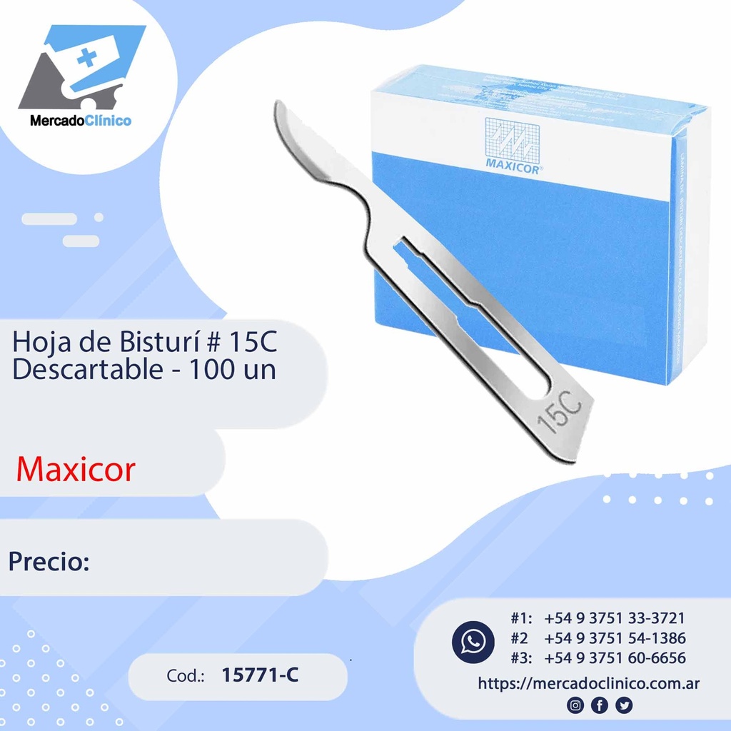 Hoja de Bisturi # 15C - descartable - 100 Unidades - MAXICOR