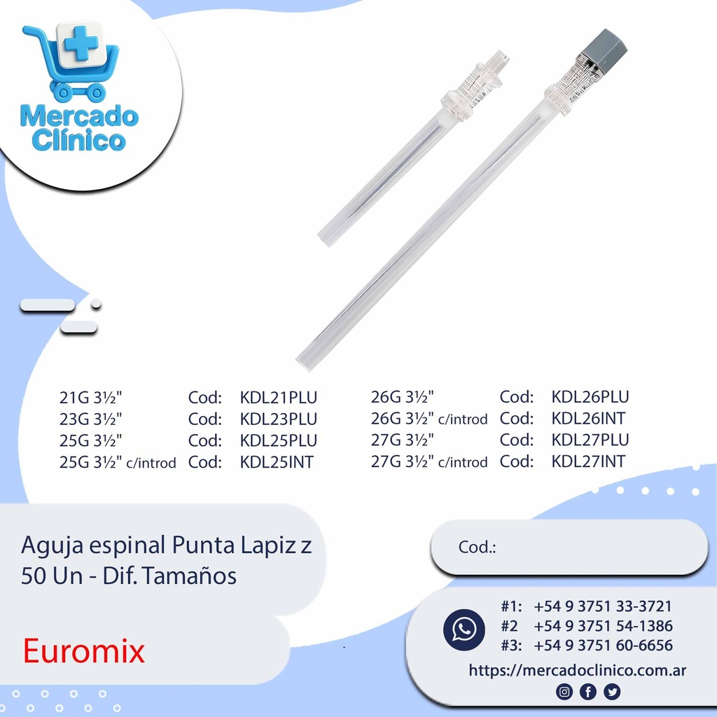 Aguja espinal Punta Lapiz z 50 Un - Dif. Tamaños - EUROMIX