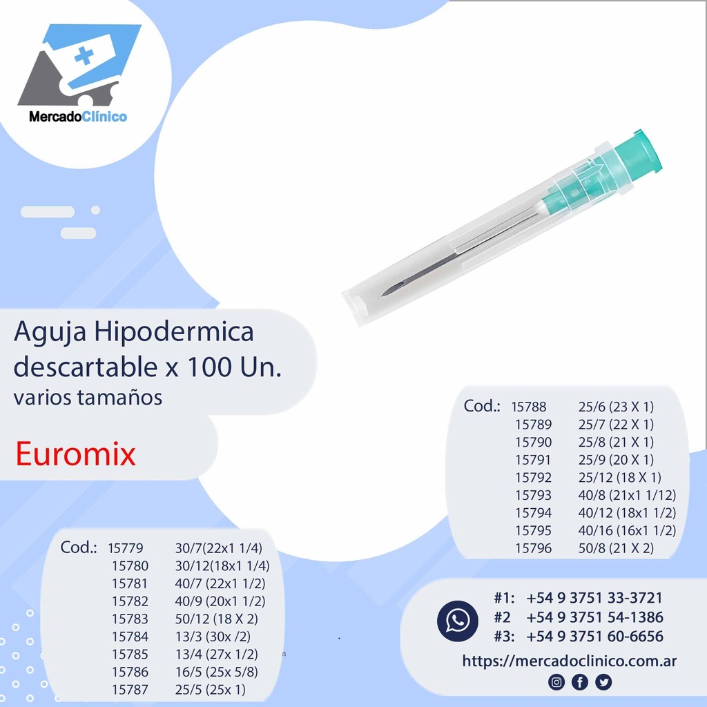 Aguja Hipodermica descartable x 100 - Dif. Tamaños - EUROMIX