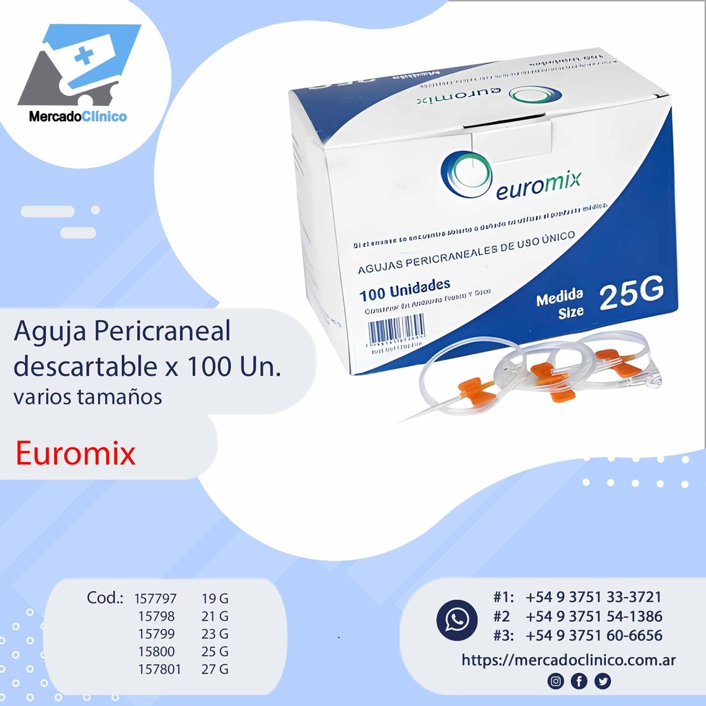 Aguja Pericraneal descartable x 100 - Dif. Tamaños - EUROMIX