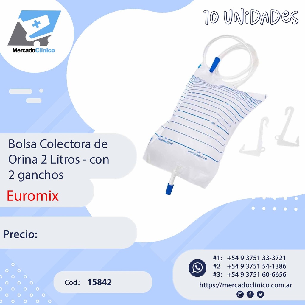 Bolsa Colectora de Orina - 2Litros -2 Ganchos - EUROMIX