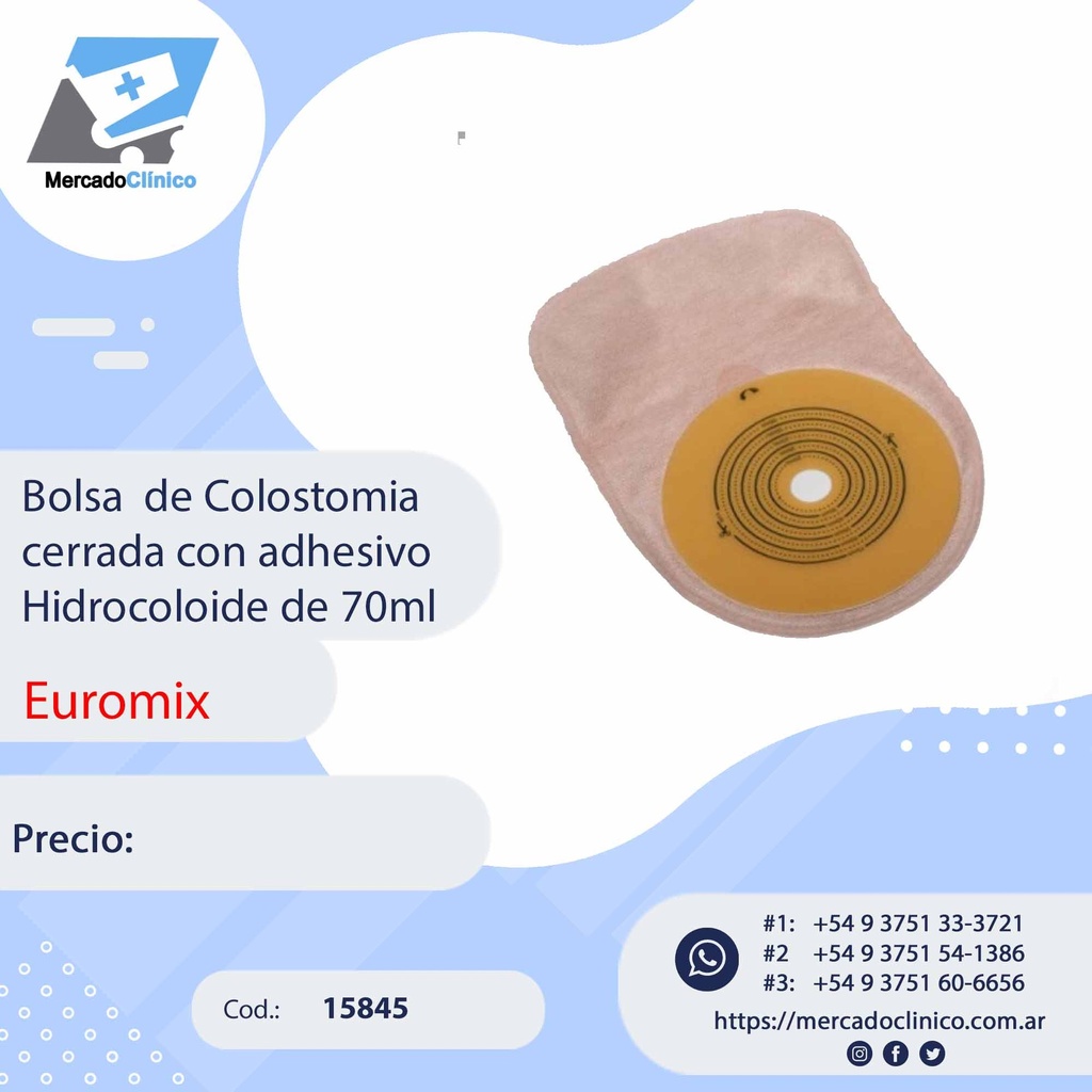 Bolsa de Colestomia cerrada con adhesivo hidrocoloide de 70 ml - EUROMIX