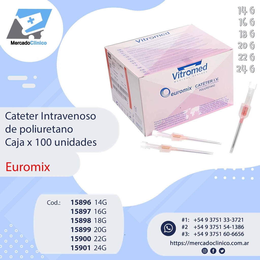 Cateter Intravenoso DE POLIURETANO - Caja x 100 unidades - EUROMIX