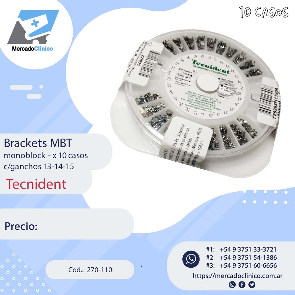 Brackets MBT 0,22 - Monoblock - rueda con 10 casos - Con gancho -    Tecnident - 270-110