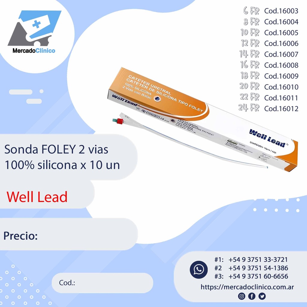 Sonda FOLEY 2 vias  100% silicona x 10 un - WELL LEAD