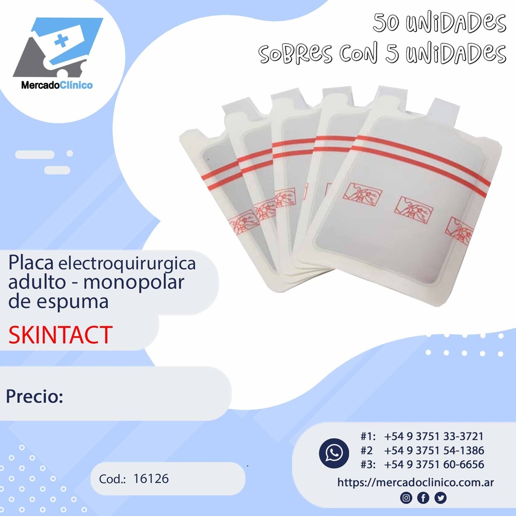 Placa electroquirurgica  adulto - monopolar  de espuma - SKINTACT