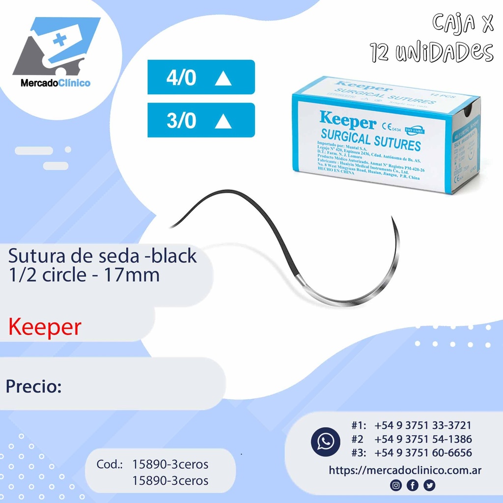 Suturas de seda - Black 1/2 circle 17mm - x 12 unidades - Keeper