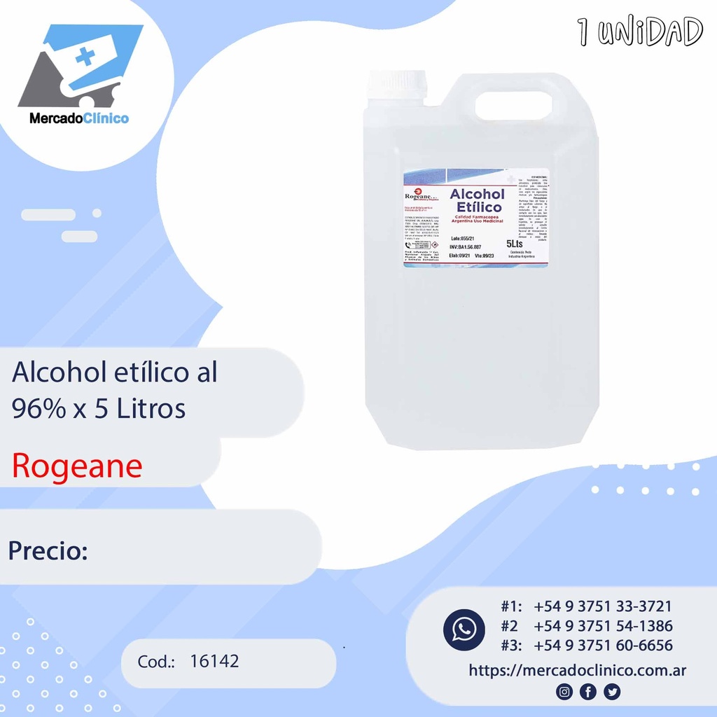 Alcohol atpilico al  96% x 5 Litros - ROGEANE