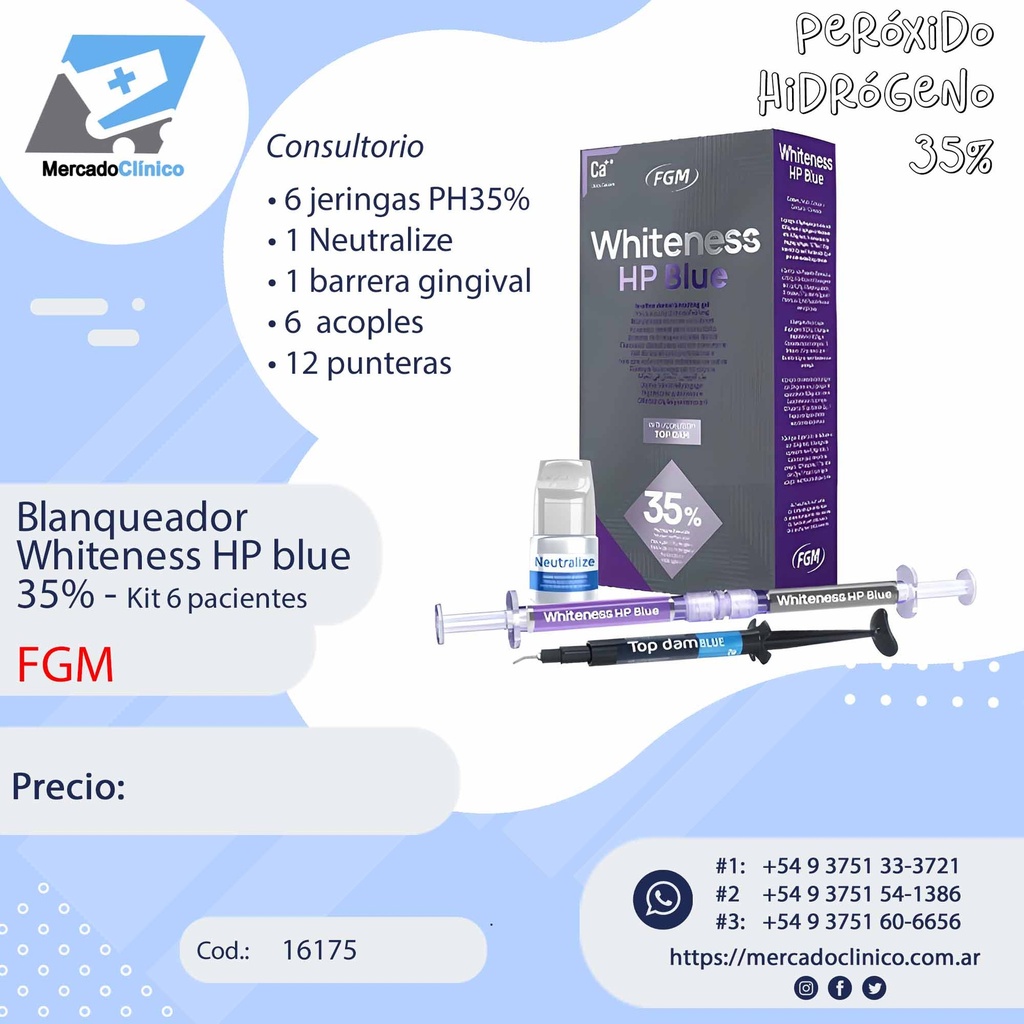 Blanqueador Whiteness HP blue 35% - Kit 6 pacientes - Consultorio - FGM