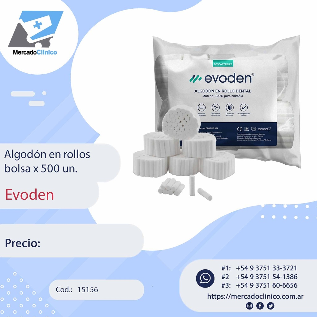 Algodón en rollo, bolsa x 500u. EVODEN