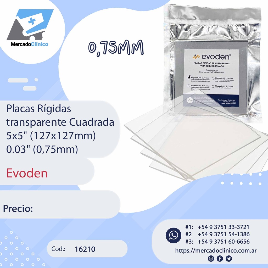 Placas / láminas  Rígidas transparente Cuadrada 5x5" (127x127mm) 0.03" (0,75mm) - Evoden