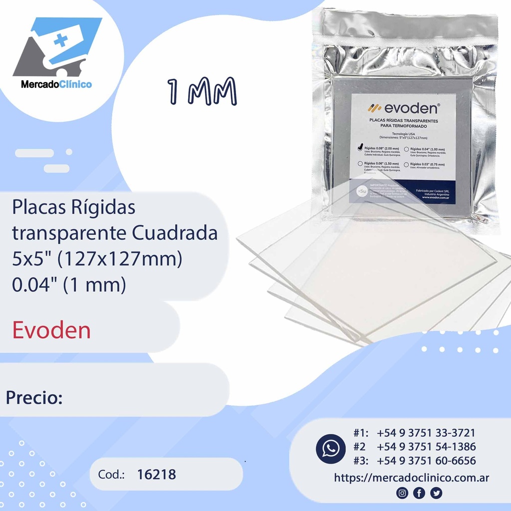 Placas / láminas  Rígidas transparente Cuadrada 5x5" (127x127mm) 0.04" (1 mm) - Evoden