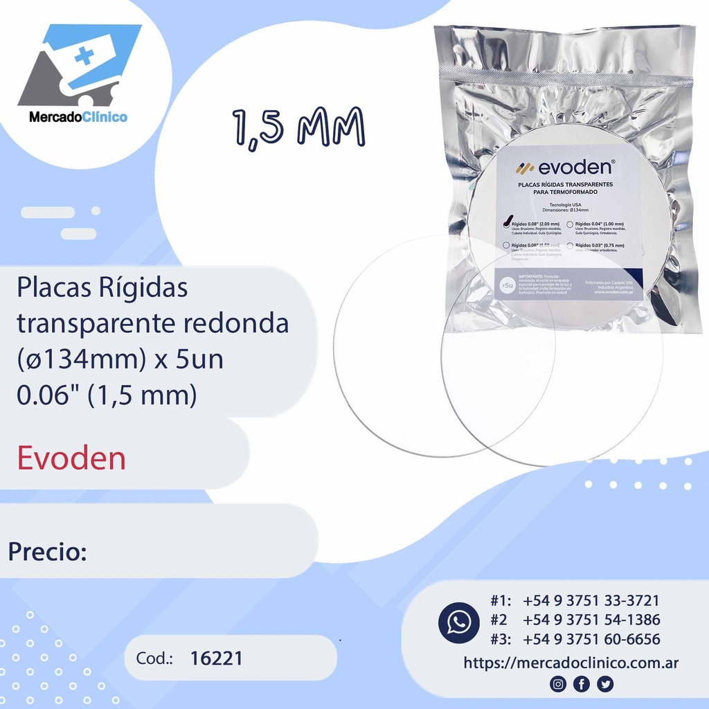 Placas / láminas  Rígidas  transparente redonda (ø120mm) x 5un  0.06" (1,5 mm) - Evoden
