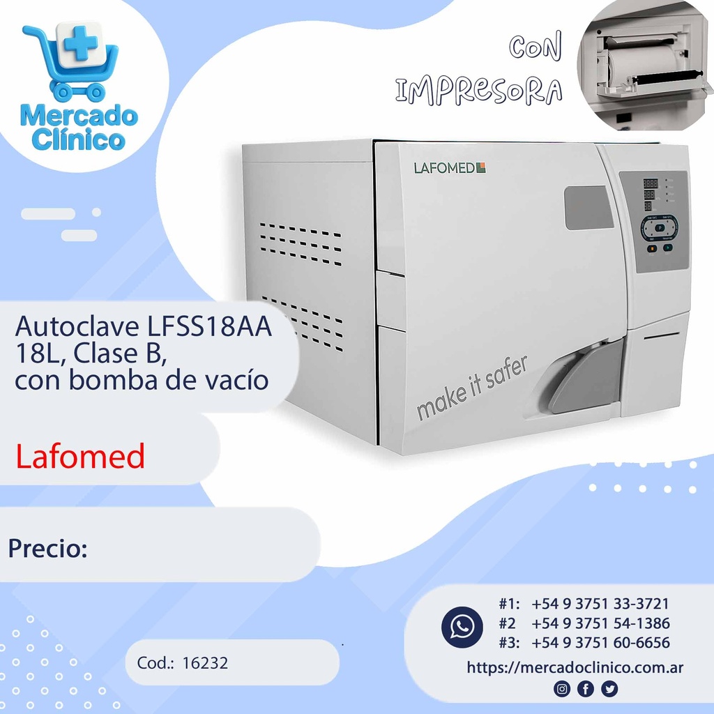 Autoclave LFSS18AA  18L, Clase B,  con bomba de vacío - LAFOMED