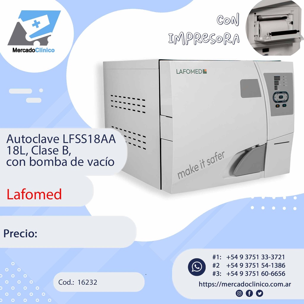 Autoclave LFSS18AA  18L, Clase B,  con bomba de vacío - LAFOMED
