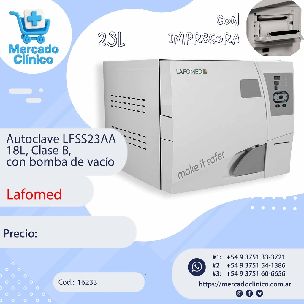Autoclave LFSS23AA  23L, Clase B,  con bomba de vacío - LAFOMED