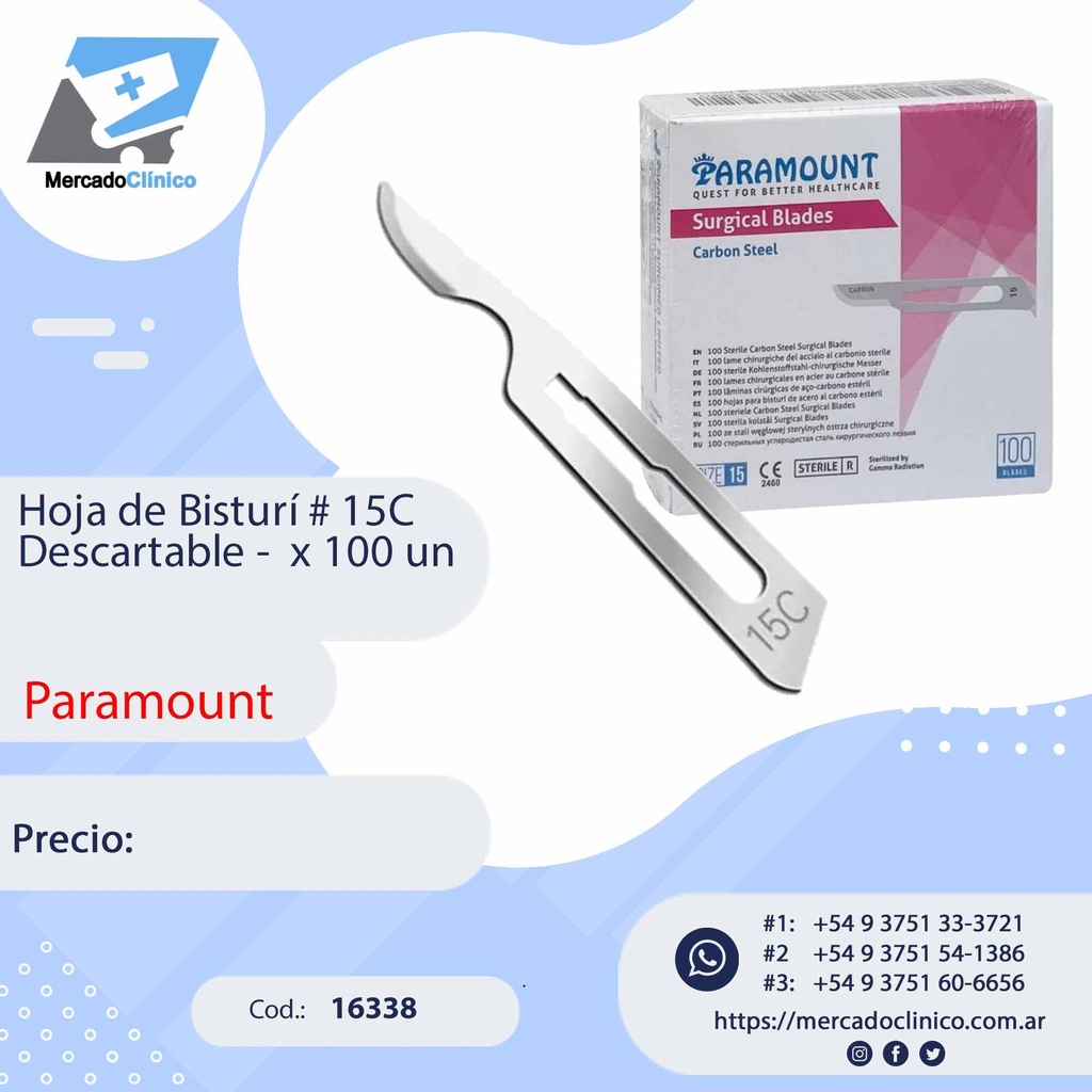 Hoja de Bisturí # 15C Descartable -  x 100 un - Paramount