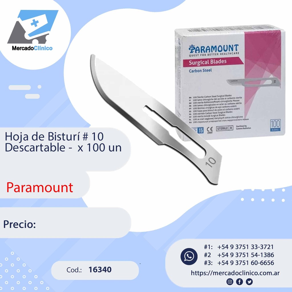 Hoja de Bisturí # 10 Descartable -  x 100 un - Paramount
