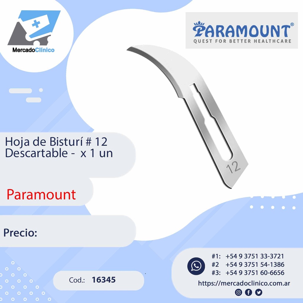 Hoja de Bisturí # 12 Descartable -  x 1 un - Paramount