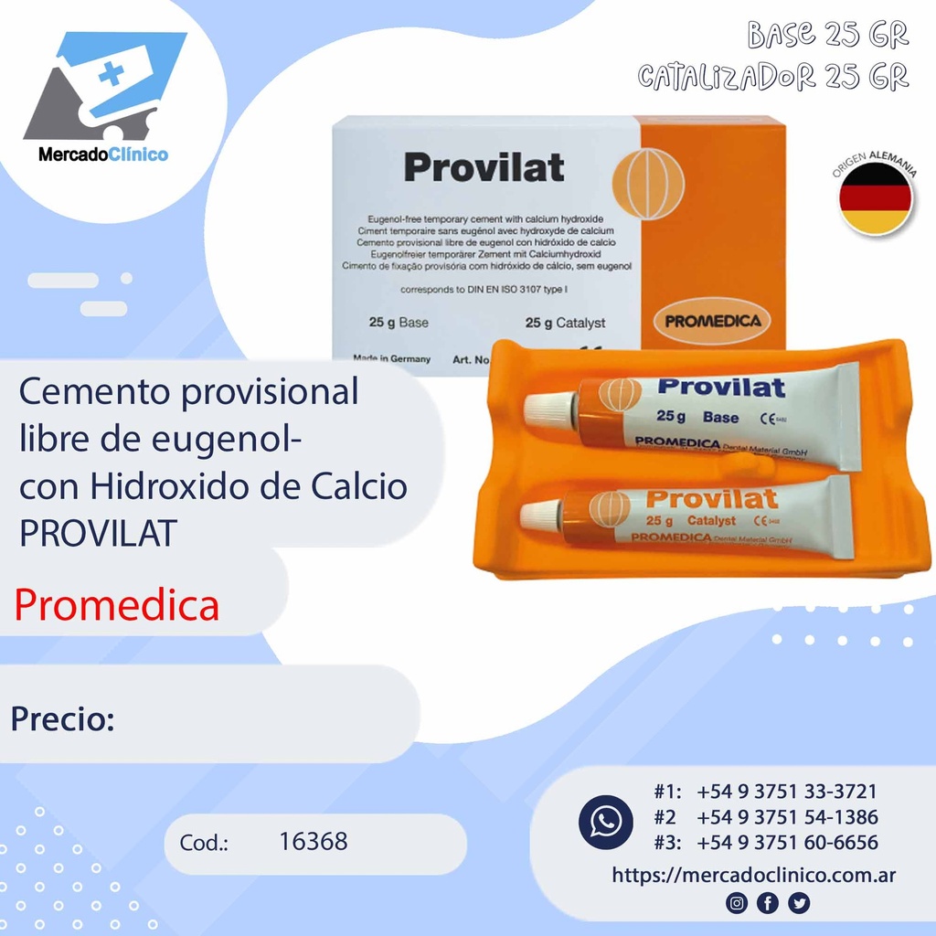 Cemento provisional libre de eugenol- con Hidroxido de Calcio  PROVILAT - Promedica