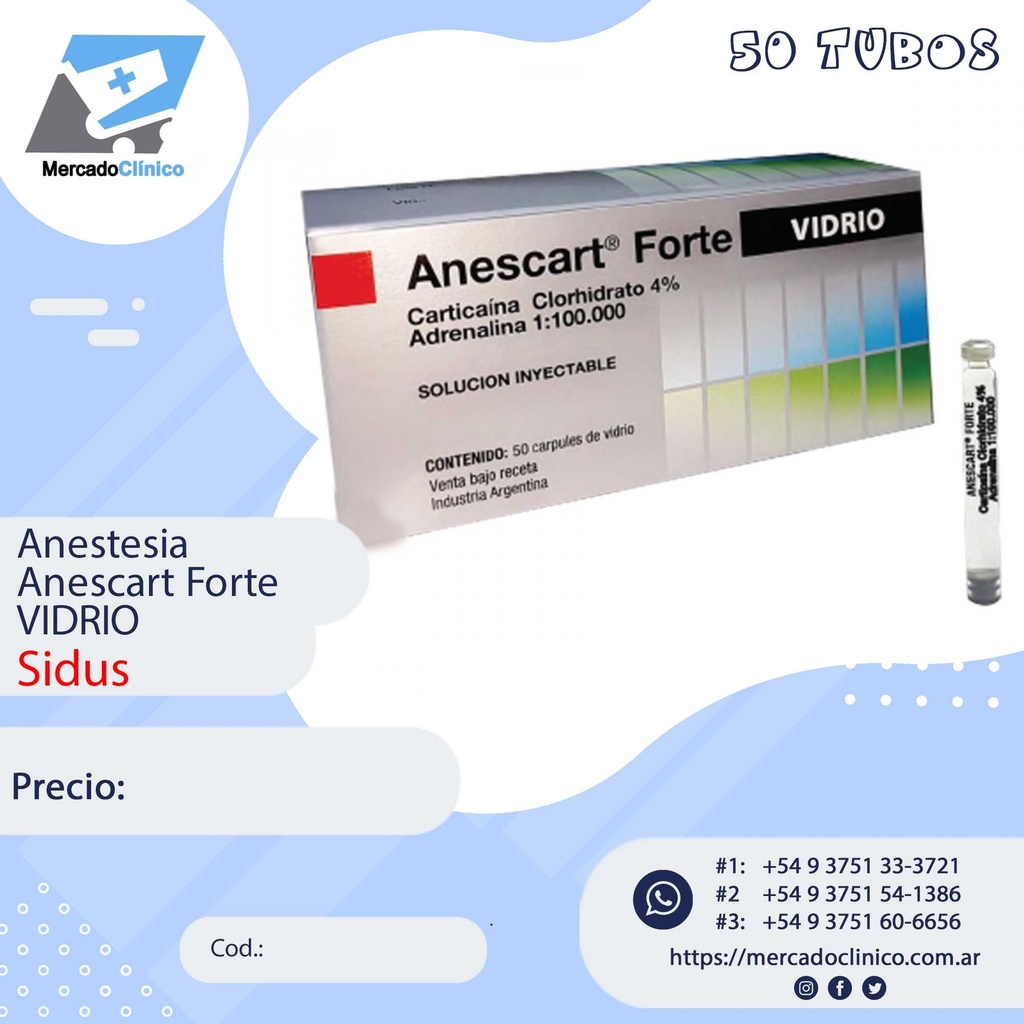 Anestesia - Anescart Forte TUBO VIDRIO- 50/un -Sidus - 90713