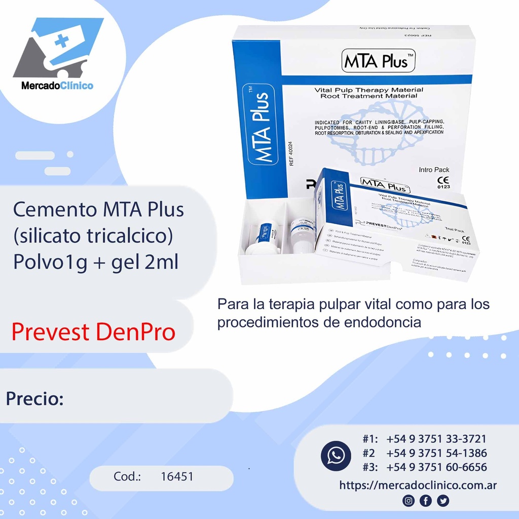 Cemento MTA Plus (silicato tricálcico) Polvo1g + gel 2ml - PREVEST