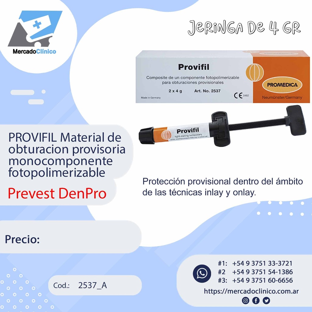 PROVIFIL Material de  obturacion provisoria  monocomponente fotopolimerizable - PREVEST