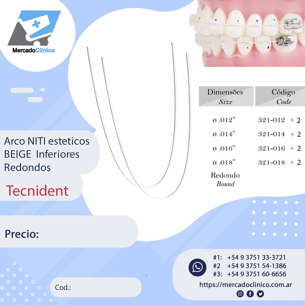 Arco NITI estéticos beige INFERIORES - REDONDO X 10 arcos TECNIDENT