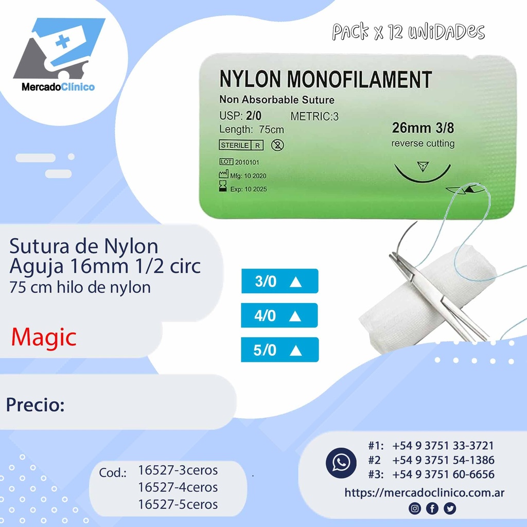 Sutura de Nylon X 12 un - Aguja 16mm 1/2 circular - 75 cm - MAGIC
