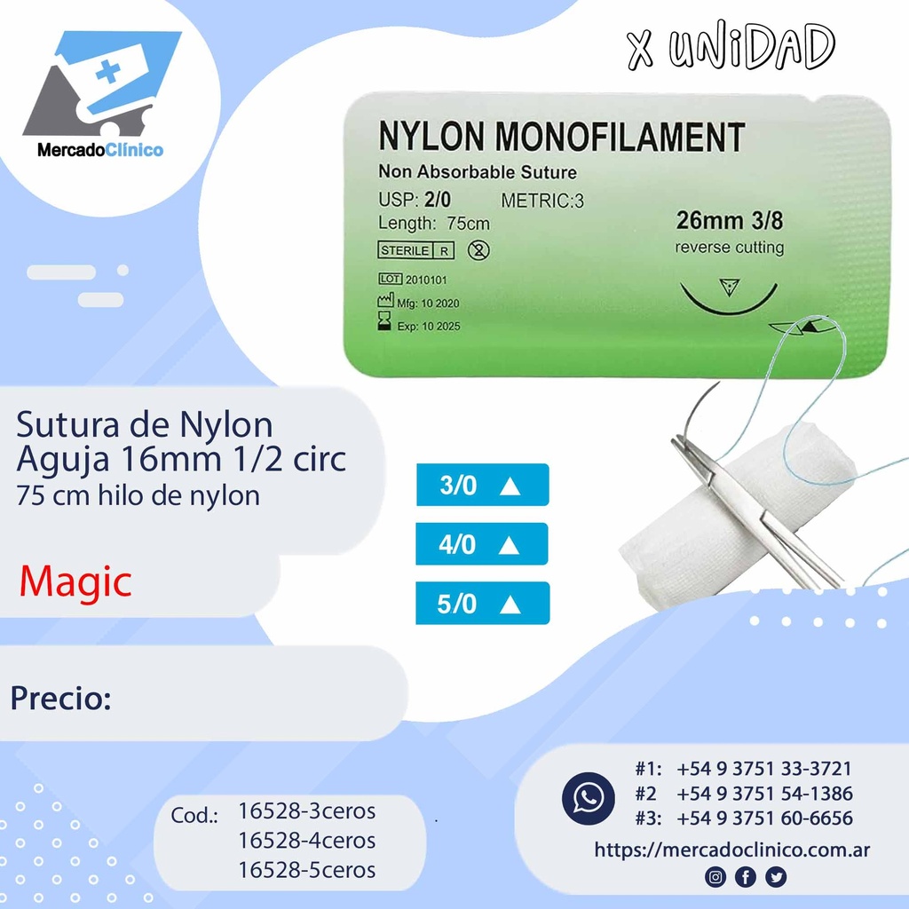 Sutura de Nylon X unidad - Aguja 16mm 1/2 circular - 75 cm - MAGIC