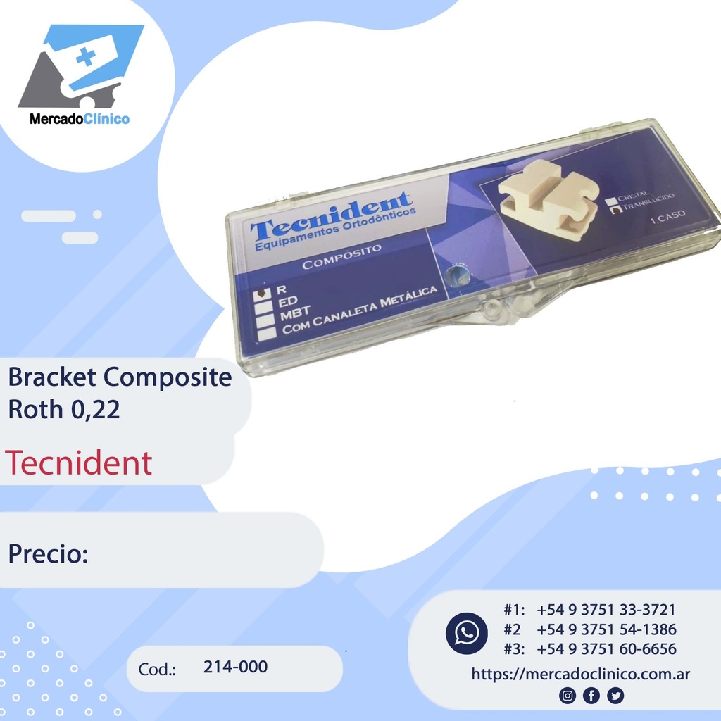 Brackets Roth 0,22 - Composite - 1 caso - Con gancho - Tecnident - 214-000