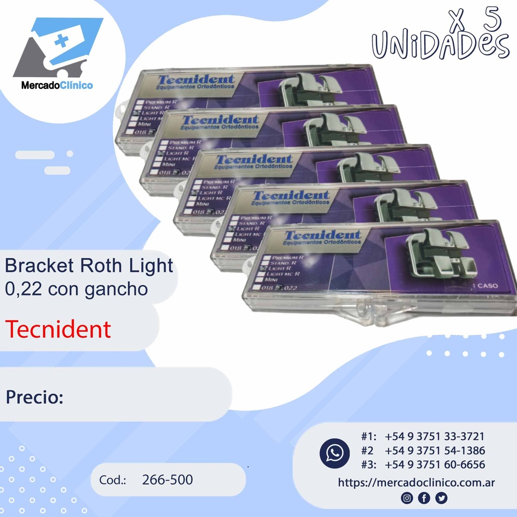 Brackets Roth Light 0,22 - Monoblock - x 5 CASOS - Tecnident - 266-500x5
