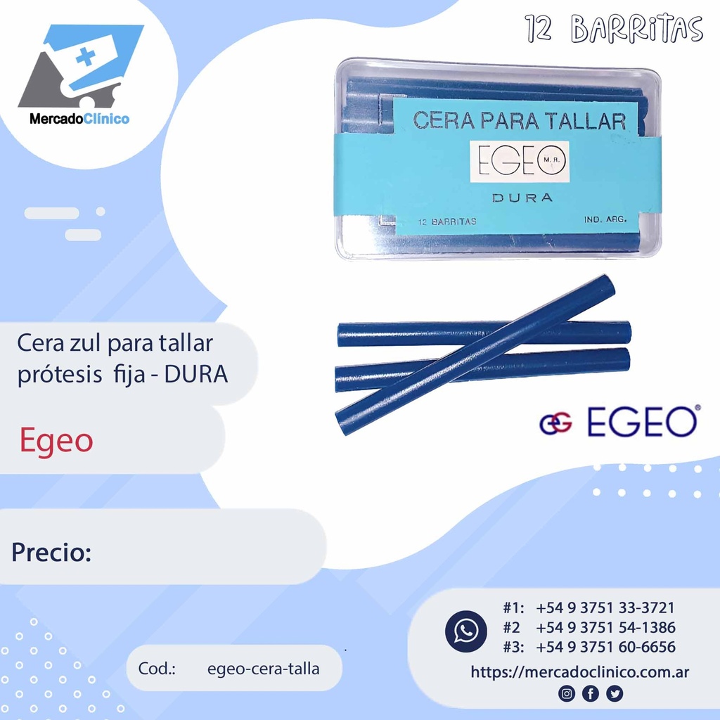 Cera Azul para tallar prótesis  fija - DURA x 12 unidades / barritas - Egeo