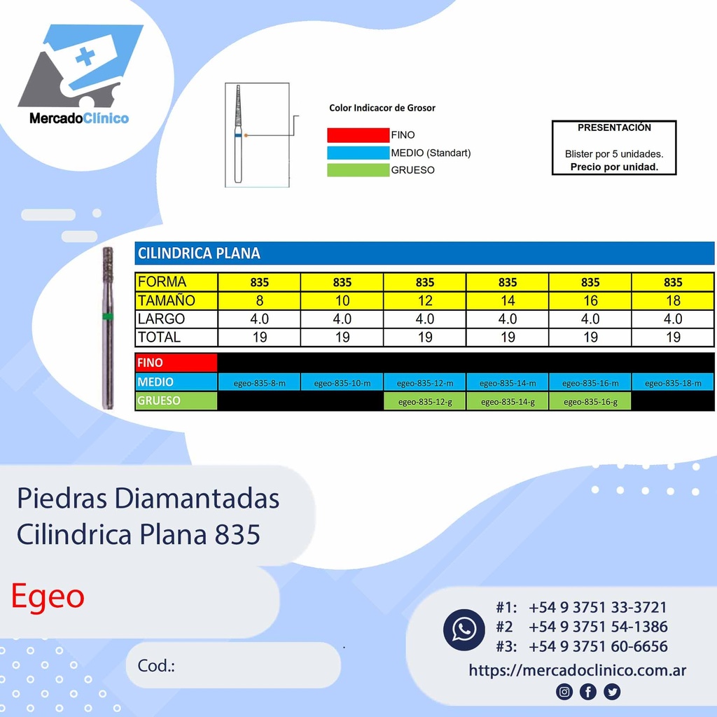 Piedras Diamantadas Cilíndrica plana 835 - Egeo /  Smdent